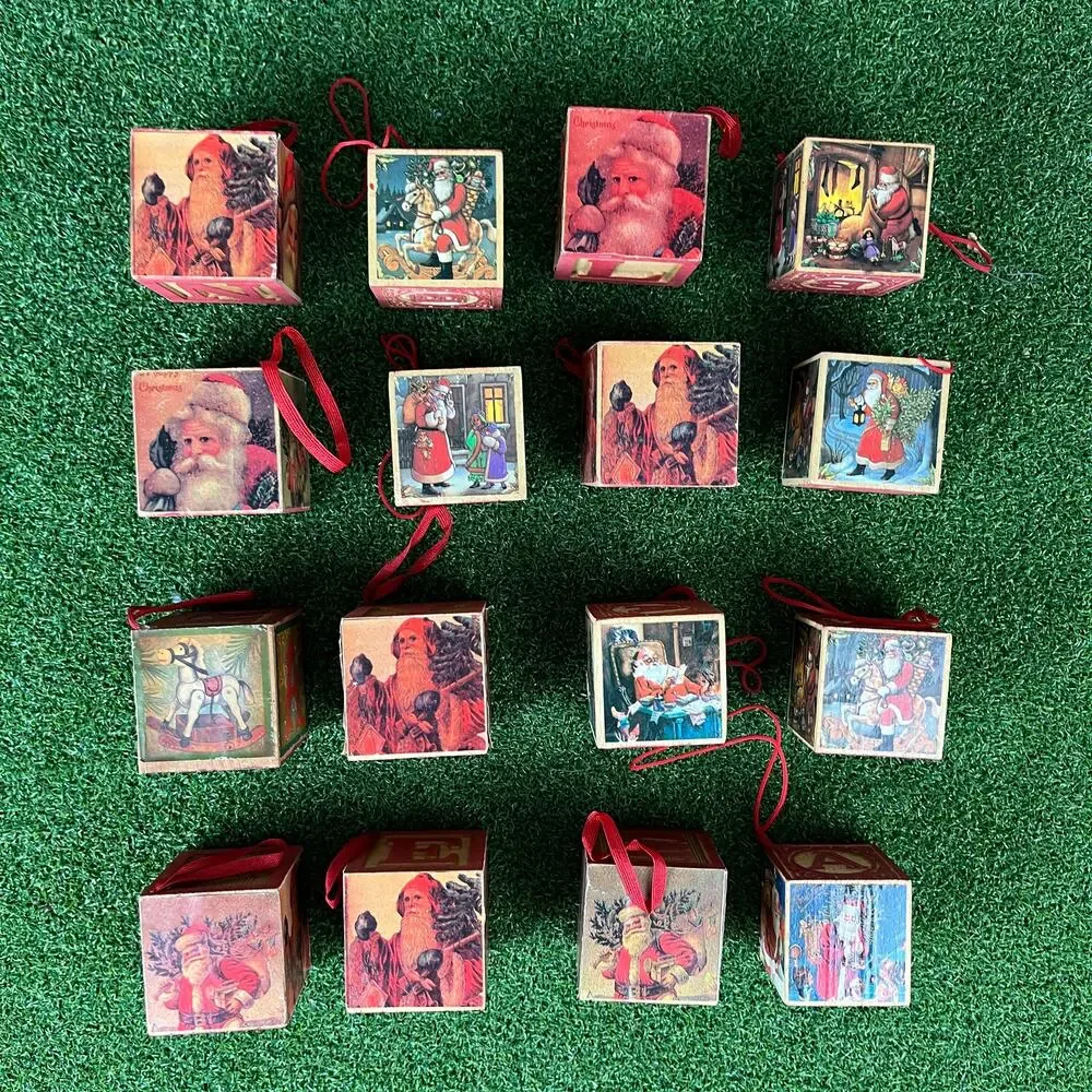 Set of 16 Vintage Wooden Alphabet and Santa Claus Christmas Block Ornaments